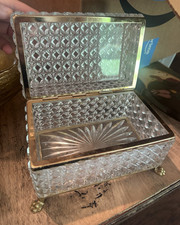 Baccarat Style Cut Crystal Hinged Casket Box with Gold-Tone Trim & Claw Feet picture