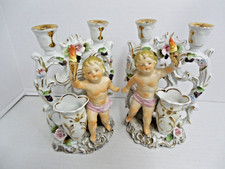 Vintage Ucagco  Double Candle Holder  Bud Vase Cherub Gold Trim 7.625