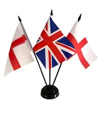 UNION JACK AND & ST GEORGE ENGLAND TABLE FLAG SET 3 flags plus BASE picture