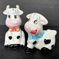 VTG 70s Cute Anthropomorphic Smiling Black White Cow Couple Salt Pepper Shakers picture