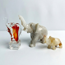 3 Vintage Elephant Figurines Bundle Blown Art Glass Carved Onyx Marble Alabaster picture