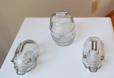Vintage clear glass coin piggy banks, set of 3 (2 piggies & a barrel Lucky Bank) picture