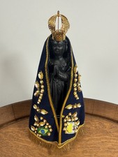 Vintage Our Lady of Aparecida Ceramic Statue 9.5 Inch Blue Velvet Manto picture