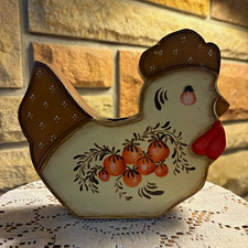 Vintage Hand Painted Wood Chicken Taper Candlestick Holder – Signed Folk Art picture