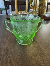 Vintage Uranium Federal Glass Georgian Love Birds Green Open Sugar Bowl 30s picture