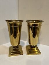 Vintage Pair HEAVY Brass ARTISTIC ALTAR VASES & Metal Flower Inserts, 10” Tall picture