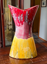 Vintage Mid Century Art Pottery Diabolo Vase 11.5” Red Yellow Drip Glaze MCM picture
