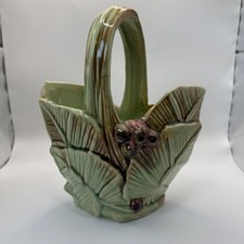 Vintage McCoy Pottery Leaf and Berry Basket Planter Green Brown Glossy USA picture