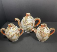 Moriage Dragonware Kutani Gold Raised Dragon Japanese Teapot Creamer Sugar Set picture