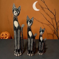 Vtg Halloween Hand Carved Black  Cat Large 39” Wood Set Of 3 picture