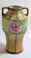 Antique Nippon Green Mark Hand Painted 2 Handled Rose Porcelain Vase 1911-1921  picture