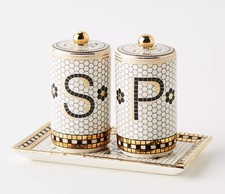 Anthropologie Bistro Tile Stoneware Salt Pepper Shaker Set 3 Pcs Mosaic New picture