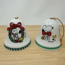 Vintage 1976 & 1978 Peanuts Snoopy Woodstock Christmas Ornament Porcelain Bells picture