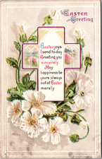 Easter Joy Greetings White Flowers Embosed Postcard picture