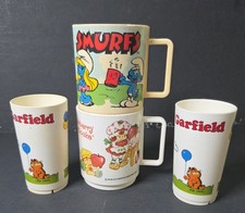 4 Pc. 1980s Deka Cups Lot Garfield Strawberry Shortcake Smurfs Vintage Cartoons picture