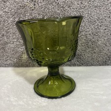 Vintage Green Pressed Glass Pedestal Vase Bowl Grape Cluster Design Mid-Century picture