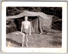 Vtg B&W Snapshot Shirtless Young Man Swim Trunks Camping Tent Outdoors 1950s picture