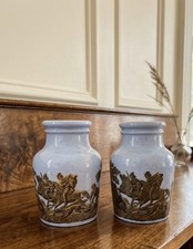 Antique English Prattware Pottery Blue Boar Hunt Scene Mustard Jars 1880 picture
