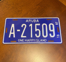 Vintage 1987 Aruba One Happy Island License Plate Tag A-21509 White on Blue picture