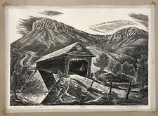 c1956 Signed Charles Surendorf Linocut Print Covered Bridge Columbia California picture
