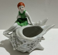 Vintage Japan Art Deco Flapper Bathing Beauty Green Swimsuit On Conch Shell picture