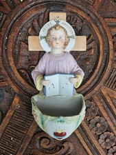 Vintage Bisque Porcelain Holy Water Font Jesus Christus Child Alph Omega Germany picture