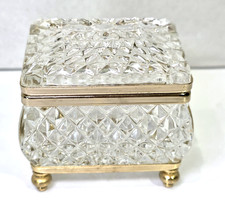 Vintage Crystal Casket Trinket Box Diamond-Cut Pattern Flower Top Brass Trim picture