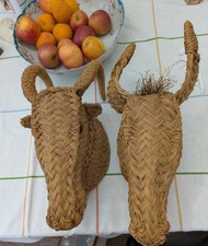 TWO Vintage Wicker ,  Wall  hangings . Rattan Look Animal Heads picture