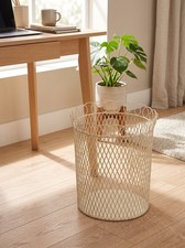 Vintage MCM Oval Wire Mesh Wastebasket Trash Can Metal Diamond Lattice Loop Rim picture