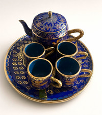 Vintage Chinese Cloisonné Miniature Tea Set Blue Birds Plum 7pc Tray Teapot Cups picture