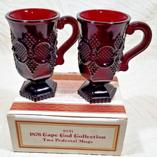 VTG AVON 1876 CAPE COD COLLECTION RUBY RED CUP GLASS 6oz. PEDESTAL MUGS w/BOX picture