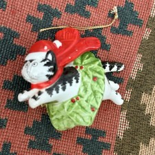 Vintage 80s KLIBAN CAT Christmas Ornament Porcelain Kitty Reindeer On Chimney picture