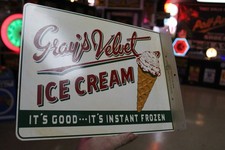 RARE 1957 GRAY'S VELVET ICE CREAM PAINTED METAL 2-SIDED FLANGE SIGN MILK DIARY picture