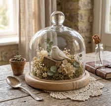 Vintage Clear Glass Cheese Cloche Dome with Round Wooden Base Board Display 7.5