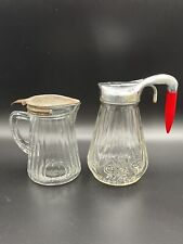 Vintage Pair 2 Glass Syrup Creamer Pitcher Red Bakelite Handle Made In USA Metal picture