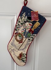 Vintage New W/Tag Needlepoint Snowman Christmas Stocking, Red Velvet Backing picture