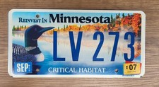 2007 Minnesota Critical Habitat LOON License Plate Tag  #LV 273  Wildlife picture