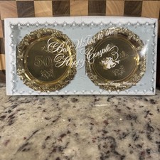 NEW 1973 Treasure Masters vntg 50th wedding set of 2 mini plates gold color picture