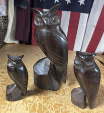 Vtg 70s MCM 3 Horned OWL SET 11” Hand-Carved IronWood Mid-century Modern Mexico picture
