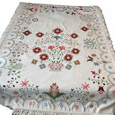 Vintage Hand Embroidered Coverlet with Crewel Work Flowers 64” X 96” See Images picture