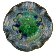 Handmade Studio Pottery Trinket Dish Blue Green Crackle Glass Ring Bowl Gift picture
