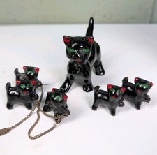 Vintage Black Mother and 5 Kittens Green Eyes On Chain Elegant Cat Family Japan picture
