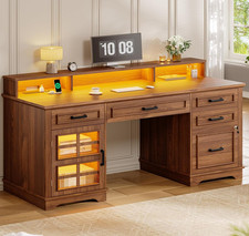60'' Farmhouse Executive Desk with Drawers, Home Office Desk with Power Outlet & picture