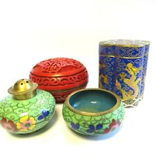 Vintage Four Chinese Pots Cloisonné / Cinnabar Lacquer Pounce Pot Dragon Enamel  picture
