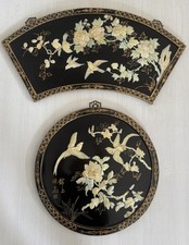 Vintage Oriental Mother of Pearl Black Lacquer Asian Birds Round Wall Art 20