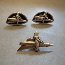 Vintage 1950s DODGE Inc Sterling ASTRONAUT on ROCKET SLED  CUFFLINKS & Pin picture