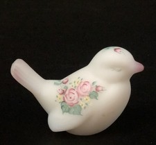 Vtg Fenton Handpainted, Signed Matte White Satin Finish Song Bird, Rose Painted picture