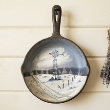 Vtg Farmhouse Skillet Art Folk Windmill Farm Scene Cast Iron Hand Painted Winter picture