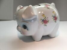 Lefton White Floral Flowers Pig Piggy Bank with Stopper picture