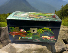 Japanese Black Lacquer Hand Painted Music Jewelry Box Mother of Pearl Inlay VTG picture